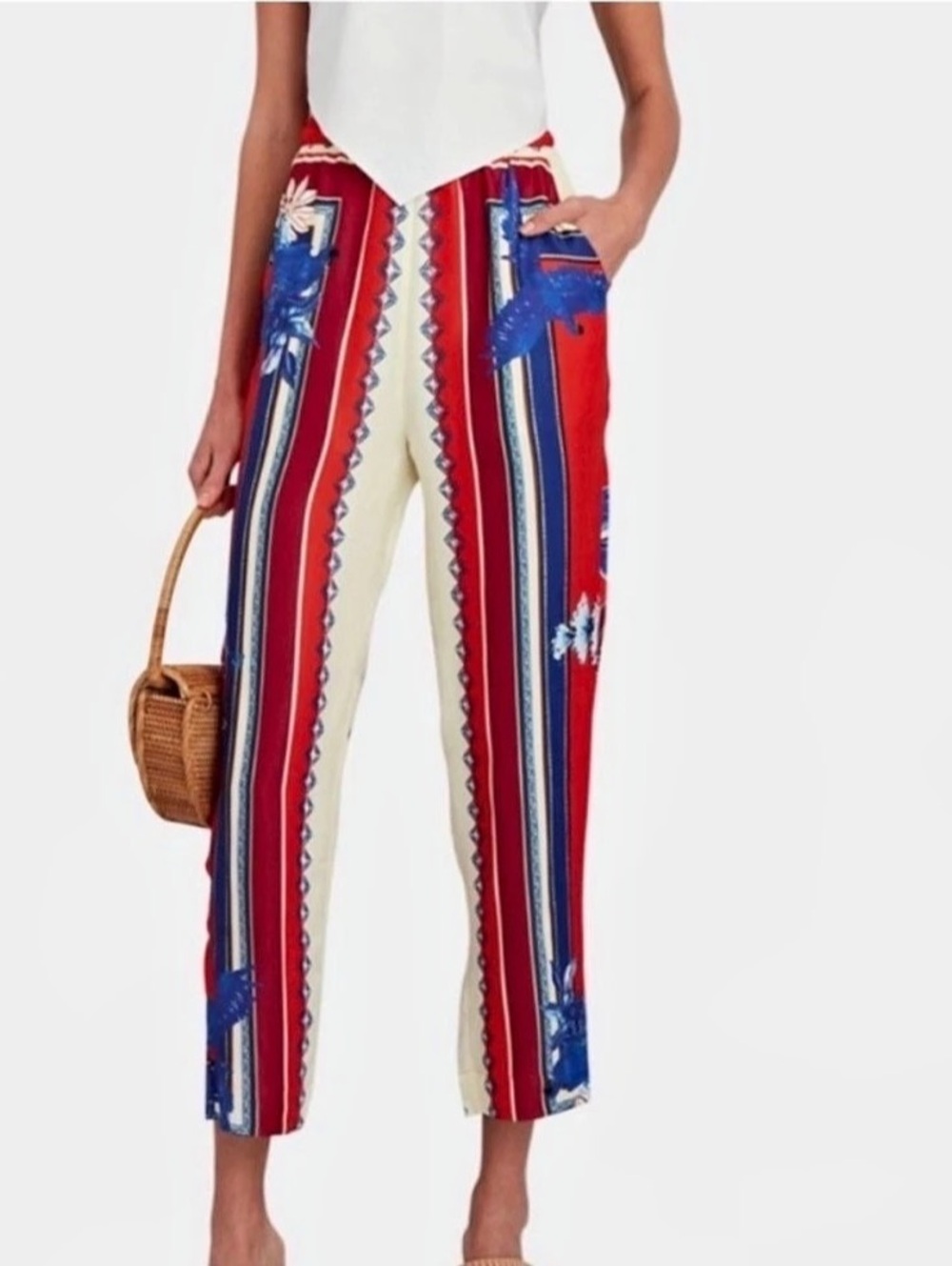 FARM Printed Ankle Pants in Red & Blue Size XS
